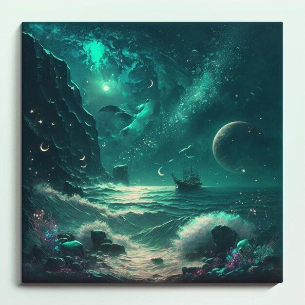 Ein Gemälde einer Meeresszene mit einem Schiff und einem Delphin.