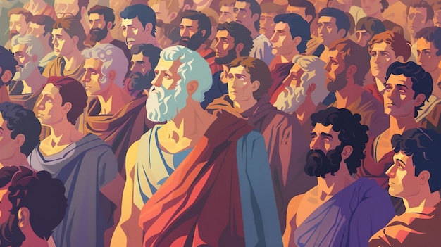 ein Gemälde einer Menschenmenge mit Bart und einem roten und blauen Gewand