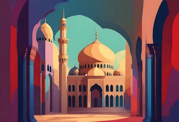 ein Gemälde einer Moschee mit blauem Hintergrund und einem großen Gebäude mit einem großen Minarett in der Mitte
