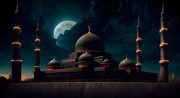 Ein Gemälde einer Moschee mit dem Mond im Hintergrund.