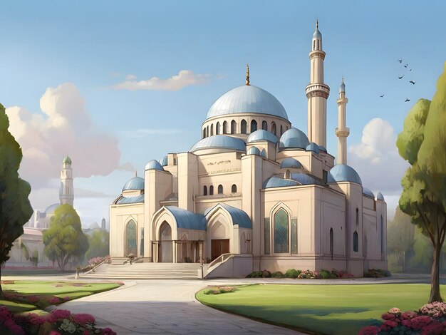 ein Gemälde einer Moschee mit einem blauen Dom und einem blauen Dome