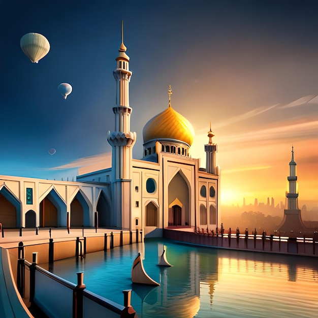 Ein Gemälde einer Moschee mit einem Blick auf die Stadt im Hintergrund.