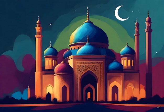 ein Gemälde einer Moschee mit einem Mond und dem Mond im Hintergrund