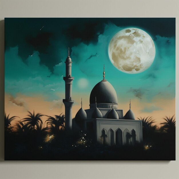 Ein Gemälde einer Moschee mit einem Vollmond im Hintergrund