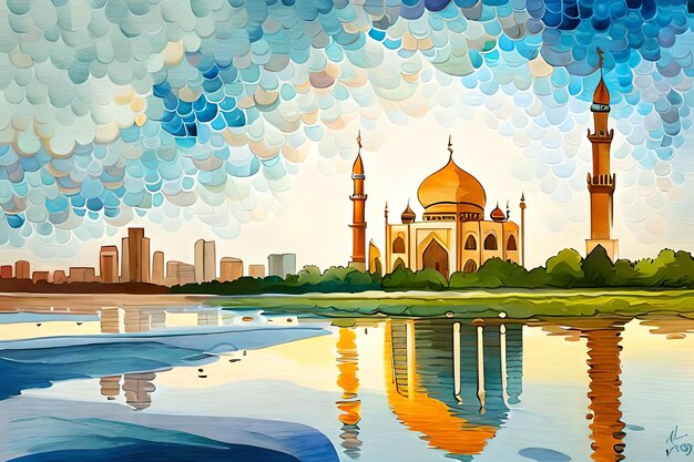 Ein Gemälde einer Moschee mit einer Stadt im Hintergrund.