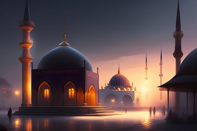 Ein Gemälde einer Moschee und einer Moschee.