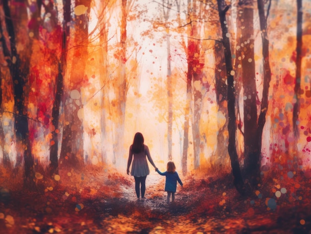 Ein Gemälde einer Mutter und eines Kindes, die durch einen Wald gehen. Generatives KI-Bild