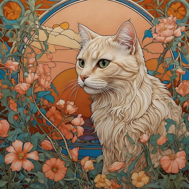 Ein Gemälde einer niedlichen beigefarbenen Katze im Art Nouveau-Stil