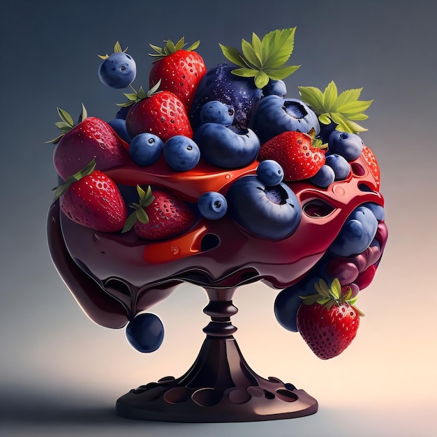 Ein Gemälde einer Obstschale mit Heidelbeeren und Erdbeeren.