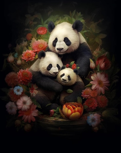 Ein Gemälde einer Panda-Familie mit Blumen und einer Blume.