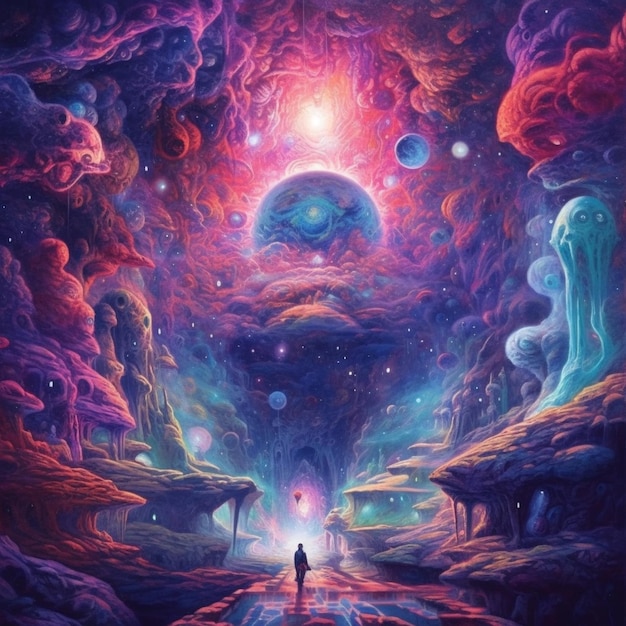 Ein Gemälde einer Person, die auf einen leuchtenden Planeten zugeht.