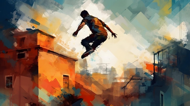 Ein Gemälde einer Person, die über ein Gebäude springt, mit der Aufschrift „Skateboard“ auf der Spitze.