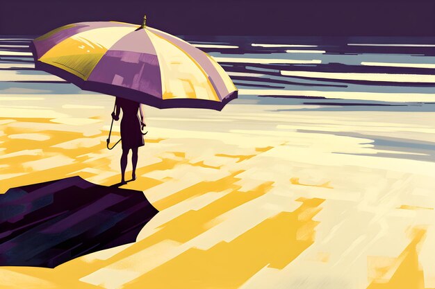 Ein Gemälde einer Person mit einem Regenschirm am Strand.