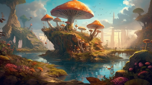Ein Gemälde einer Pilzinsel mit einer Stadt im Hintergrund.