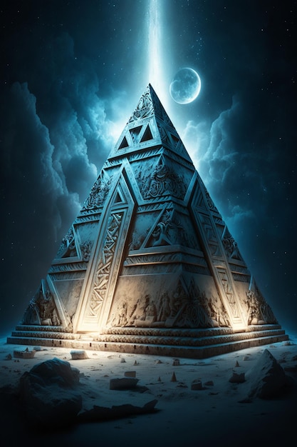 Ein Gemälde einer Pyramide mit dem Mond im Hintergrund.