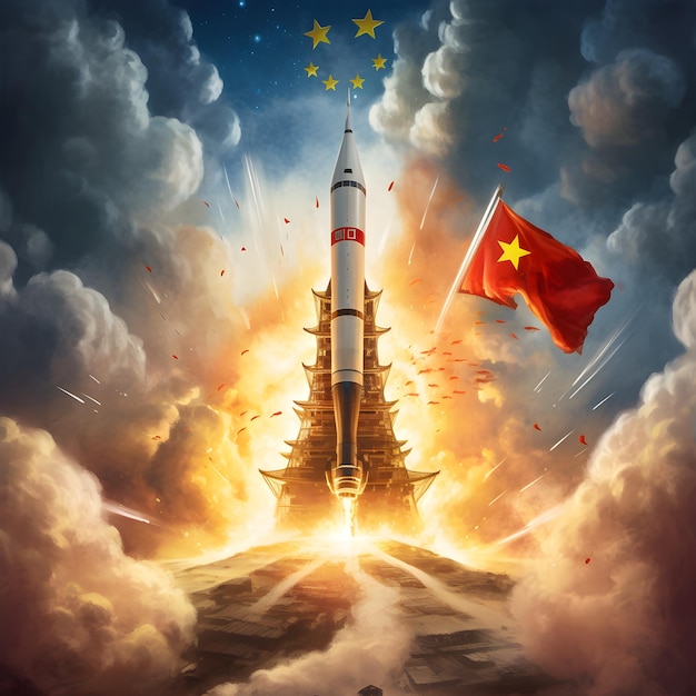 Ein Gemälde einer Rakete mit dem Wort „China“ darauf
