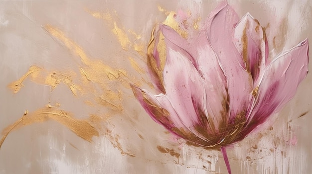 Ein Gemälde einer rosa Lotusblume mit Goldfarbe darauf