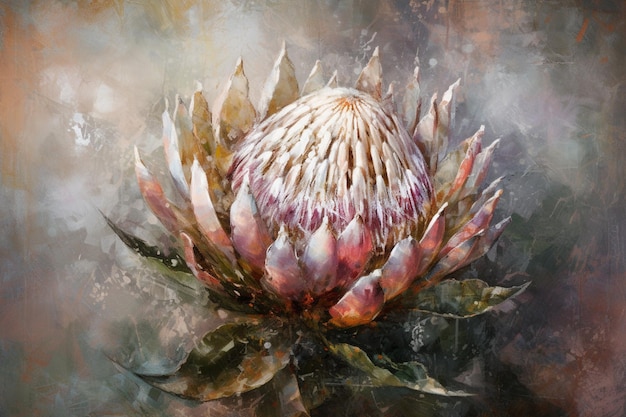 Ein Gemälde einer rosa Protea mit dem Titel „Wildblumen“