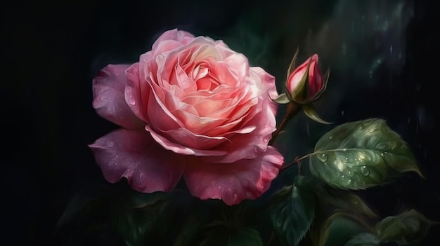 Ein Gemälde einer rosa Rose mit Wassertropfen darauf