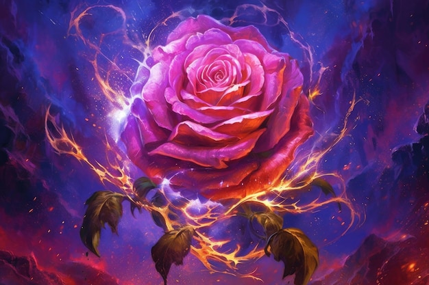 Ein Gemälde einer Rose mit Flammen und Flammen