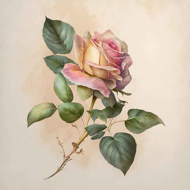 Ein Gemälde einer Rose mit grünen Blättern und rosa Rosen.