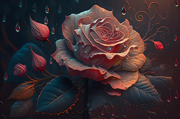 Ein Gemälde einer Rose mit Wassertropfen darauf