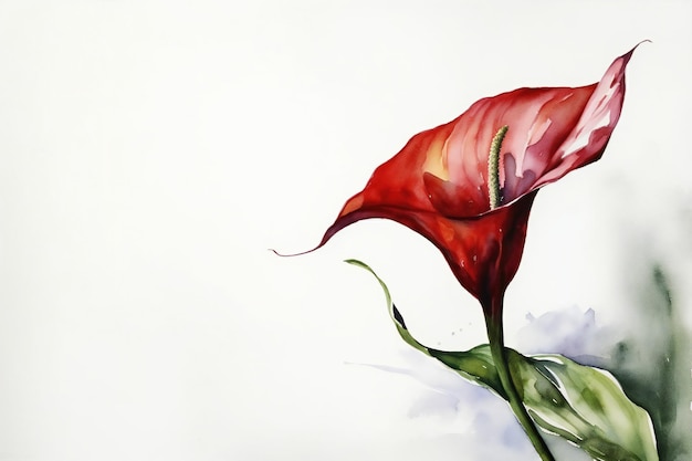 Ein Gemälde einer roten Blume mit grünem Stiel und Blättern.