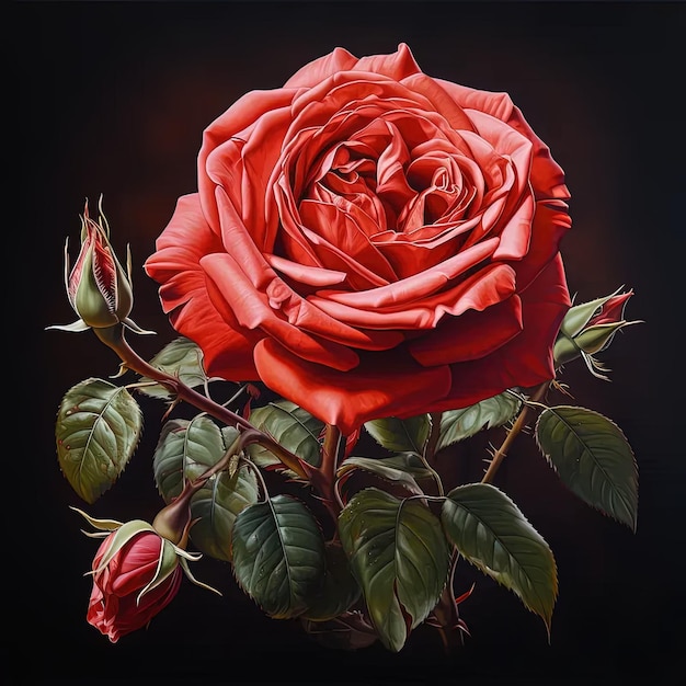 Ein Gemälde einer roten Rose auf schwarzem Hintergrund