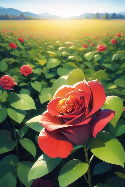 Ein Gemälde einer roten Rose in einem Feld aus roten Rosen.