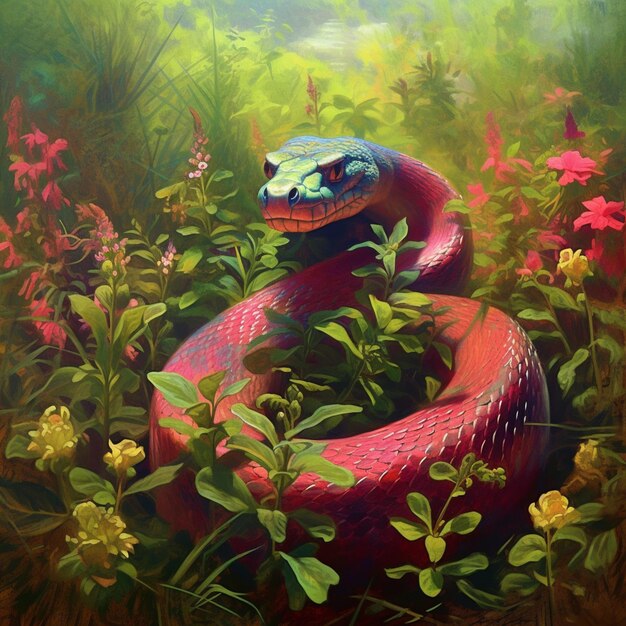 Ein Gemälde einer roten Schlange mit einem blauen Kopf und einem rosa Kopf.