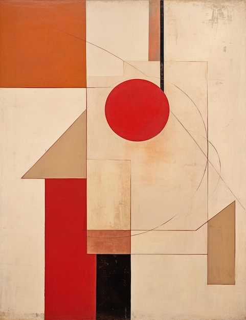 ein Gemälde einer roten und orangefarbenen geometrischen Figur mit einem roten Kreis auf der Unterseite.