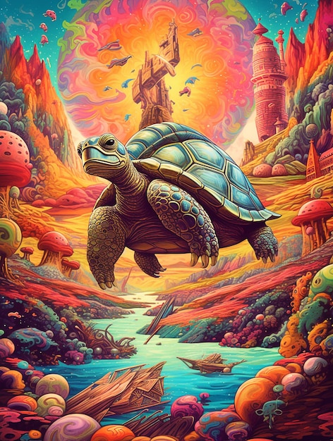 Ein Gemälde einer Schildkröte mit einem Fluss im Hintergrund