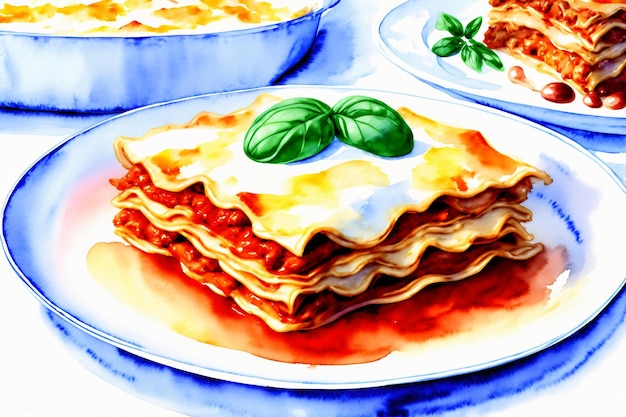 Ein Gemälde einer Schüssel Lasagne auf einem Teller