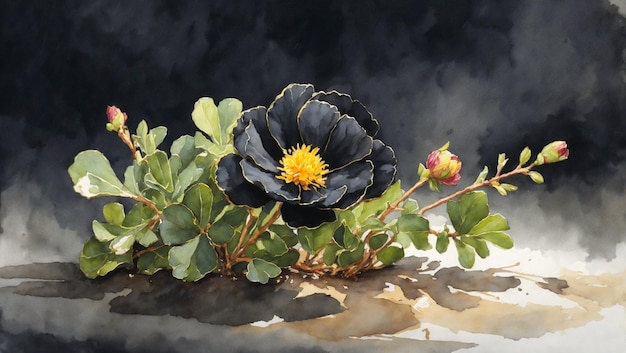 ein Gemälde einer schwarzen Blume mit gelben Blütenblättern