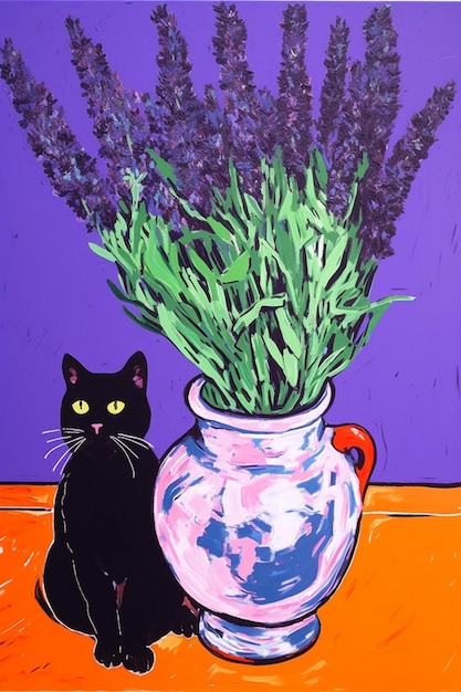 Ein Gemälde einer schwarzen Katze neben einer Vase mit Lavendel.