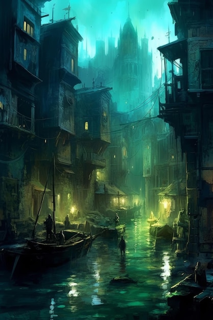 Ein Gemälde einer Stadt mit einem Boot im Wasser