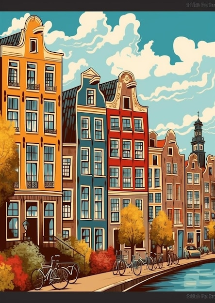 Ein Gemälde einer Stadt mit einem Fluss und ein paar Gebäuden