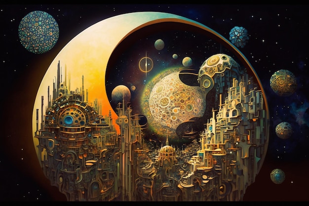 Ein Gemälde einer Stadt mit einem Planeten und einem Planeten mit Mond und Sternen.