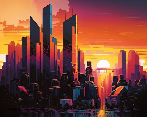 Ein Gemälde einer Stadt mit einem Sonnenuntergang im Hintergrund.
