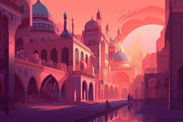 Ein Gemälde einer Stadt mit einer großen Moschee und einem großen Gebäude mit einer blauen Kuppel