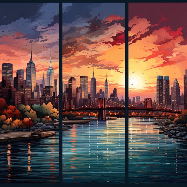 ein Gemälde einer Stadt-Skyline mit einer Brücke und der Stadtskyline im Hintergrund