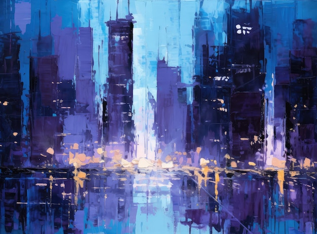 Ein Gemälde einer Stadtlandschaft mit den Lichtern der Stadt, die sich im Wasser spiegeln.