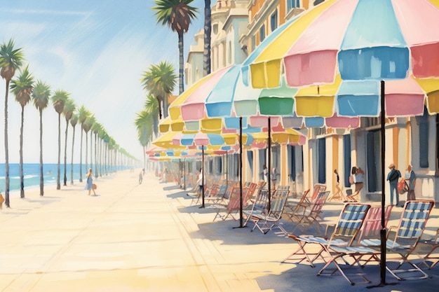 Ein Gemälde einer Strandszene mit bunten Sonnenschirmen und einer Strandszene.