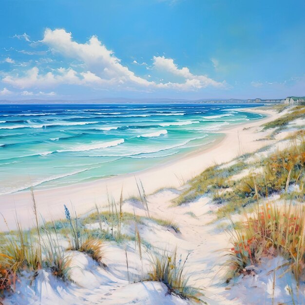 Ein Gemälde einer Strandszene mit dem Meer im Hintergrund