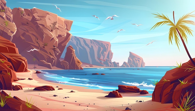ein Gemälde einer Strandszene mit einer Beachszene und Felsen im Hintergrund