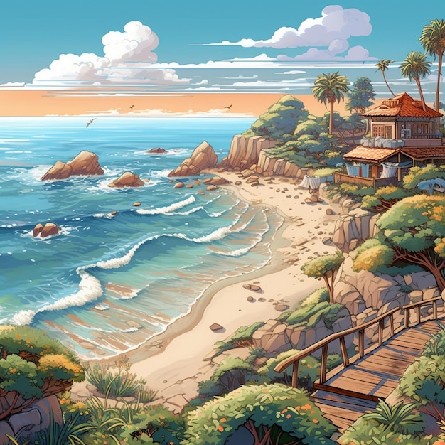 ein Gemälde einer Strandszene mit einer Brücke und dem Ozean.
