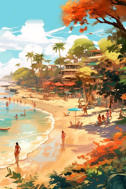 ein Gemälde einer Strandszene mit Menschen am Strand und einer Palme im Hintergrund.