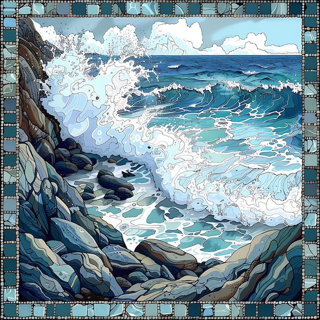ein Gemälde einer Strandszene mit Ozean und Felsen