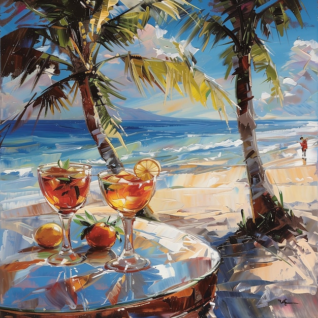 ein Gemälde einer Strandszene mit Palmen und einer Strandzene