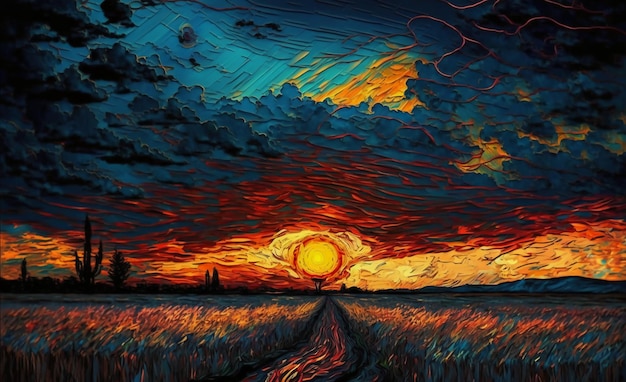 Ein Gemälde einer Straße inmitten eines Feldes, durch das die Sonne scheint.